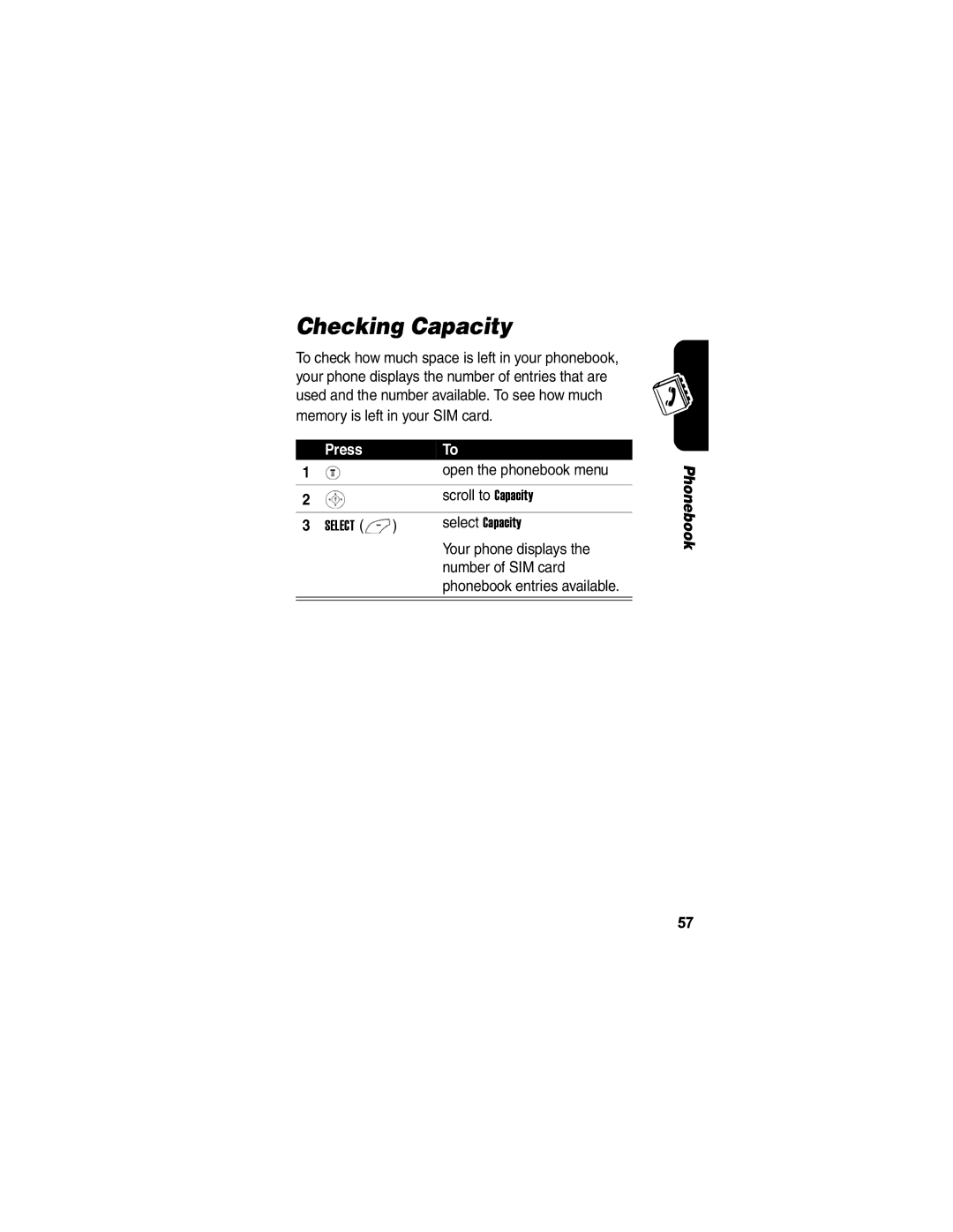 Motorola V171 manual Checking Capacity 