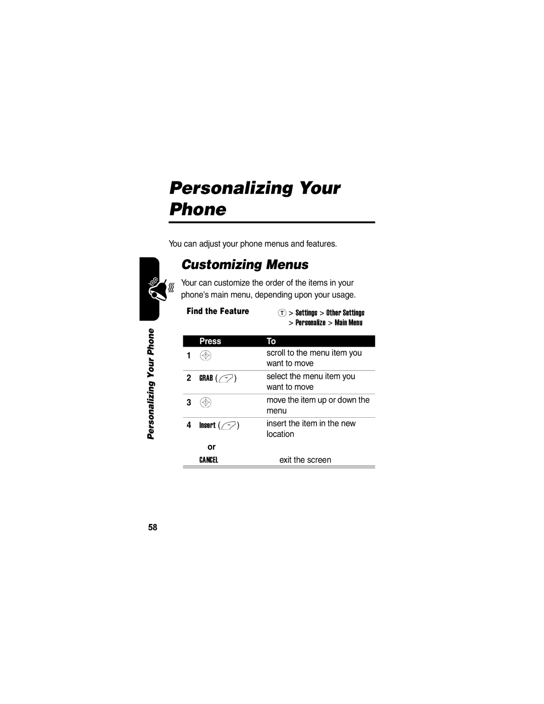 Motorola V171 manual Personalizing Your Phone, Customizing Menus 