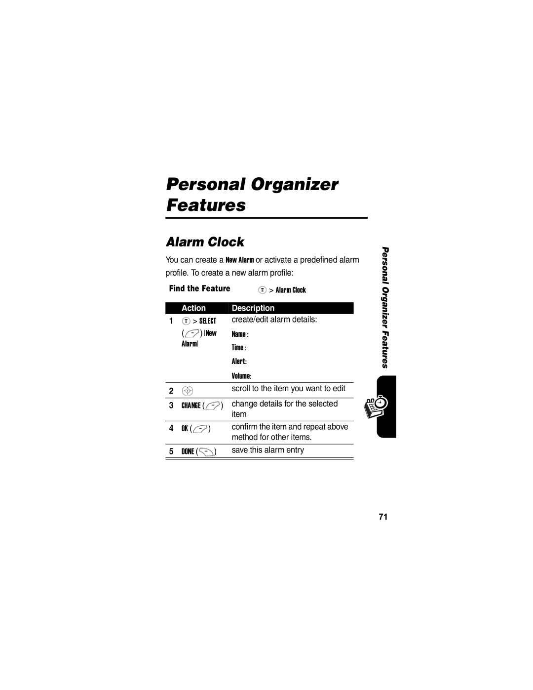 Motorola V171 manual Personal Organizer Features, Alarm Clock 