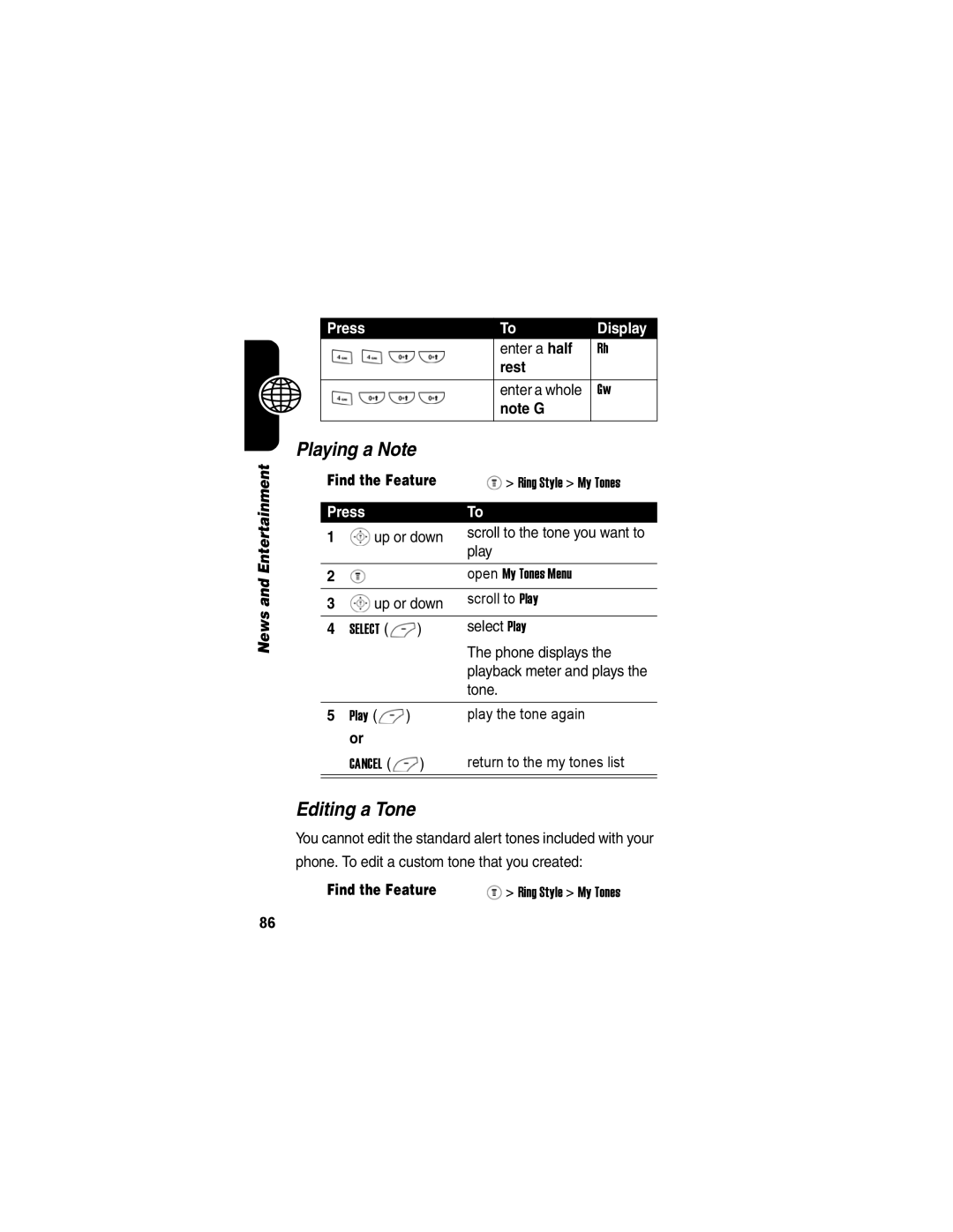 Motorola V171 manual Playing a Note, Editing a Tone, Press Display Enter a half Rest Enter a whole 