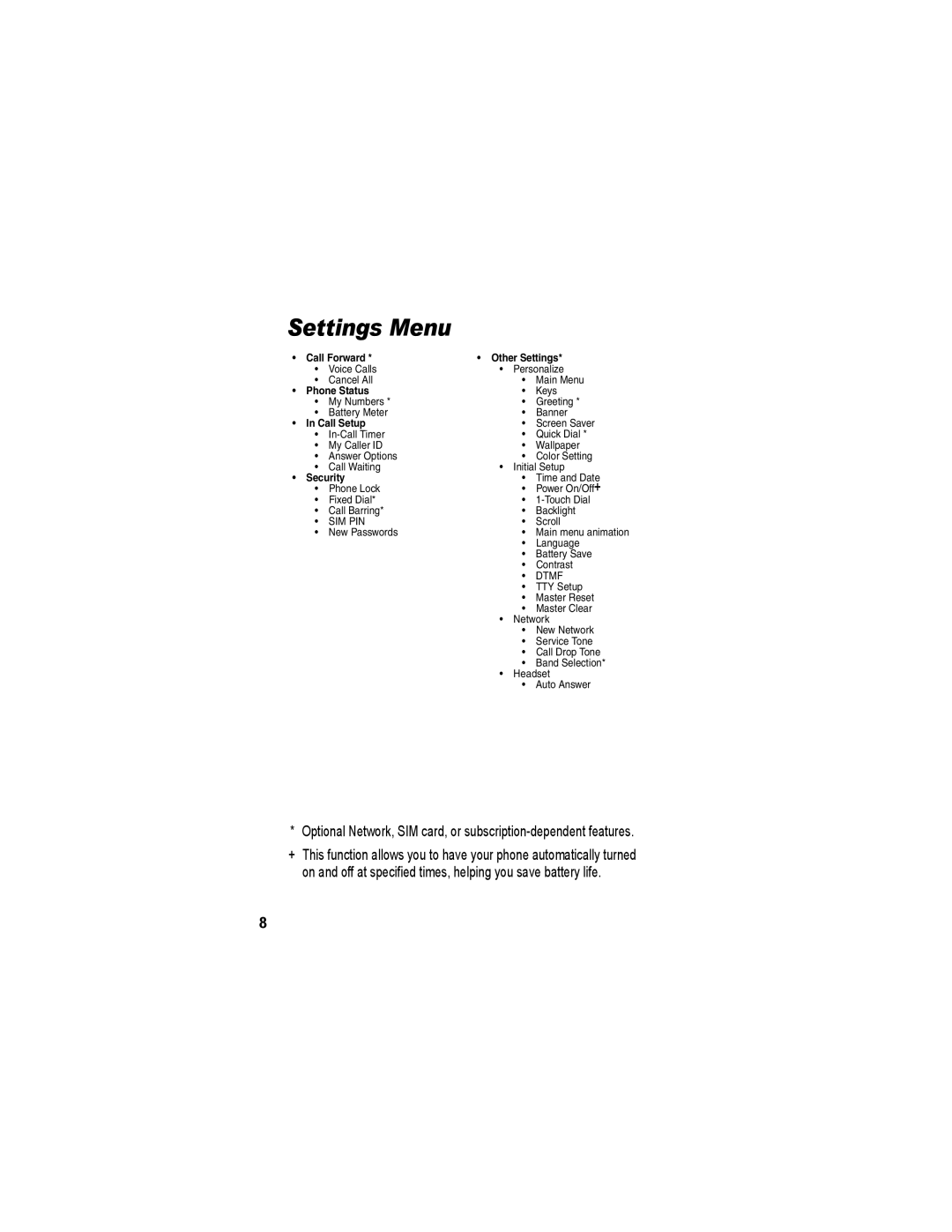 Motorola V173 manual Settings Menu 