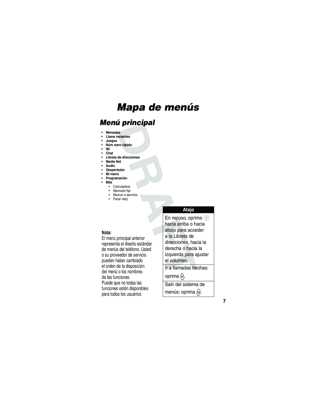 Motorola V173 manual Mapa de menús, Menú principal, Atajo, Ir a llamadas hechas Oprima 