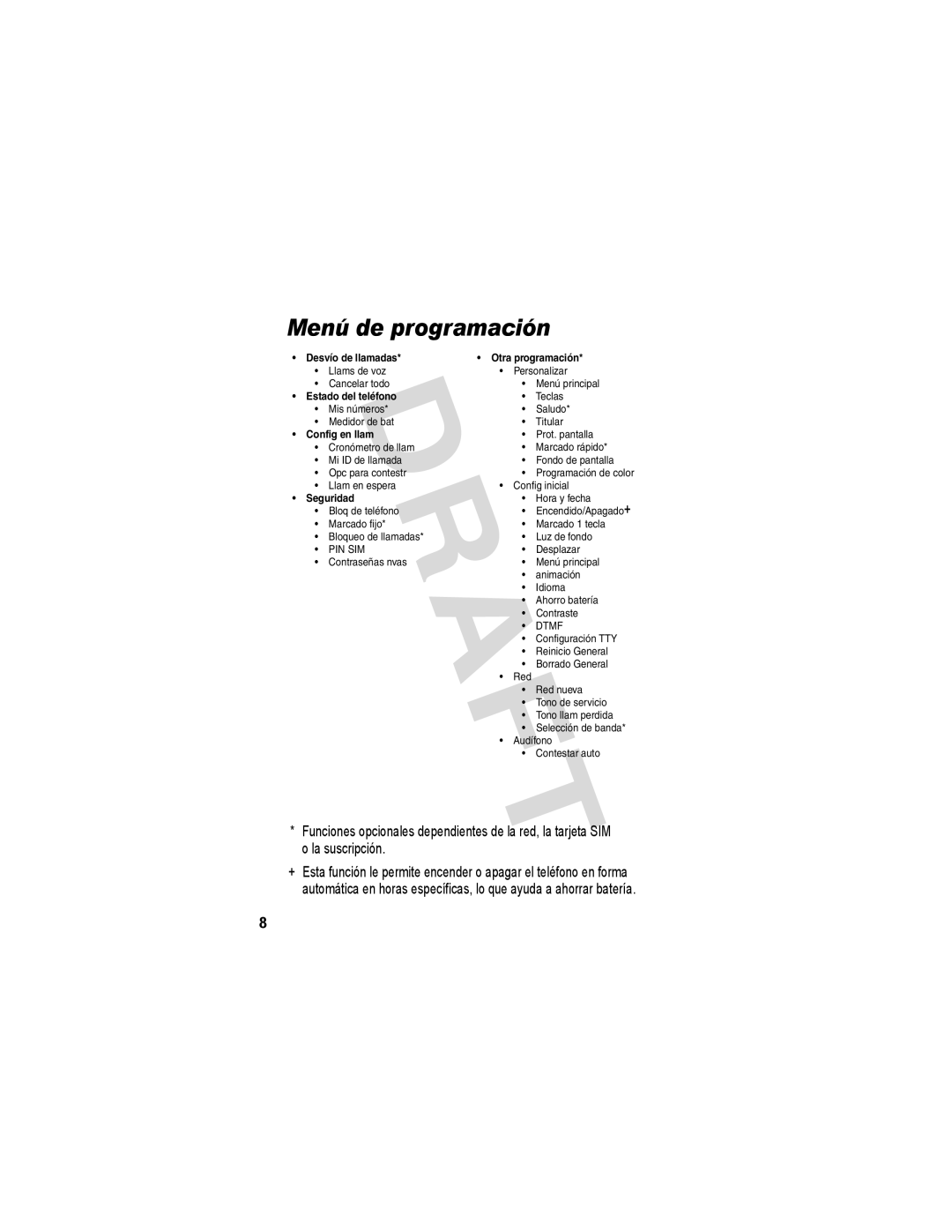 Motorola V173 manual Menú de programación 