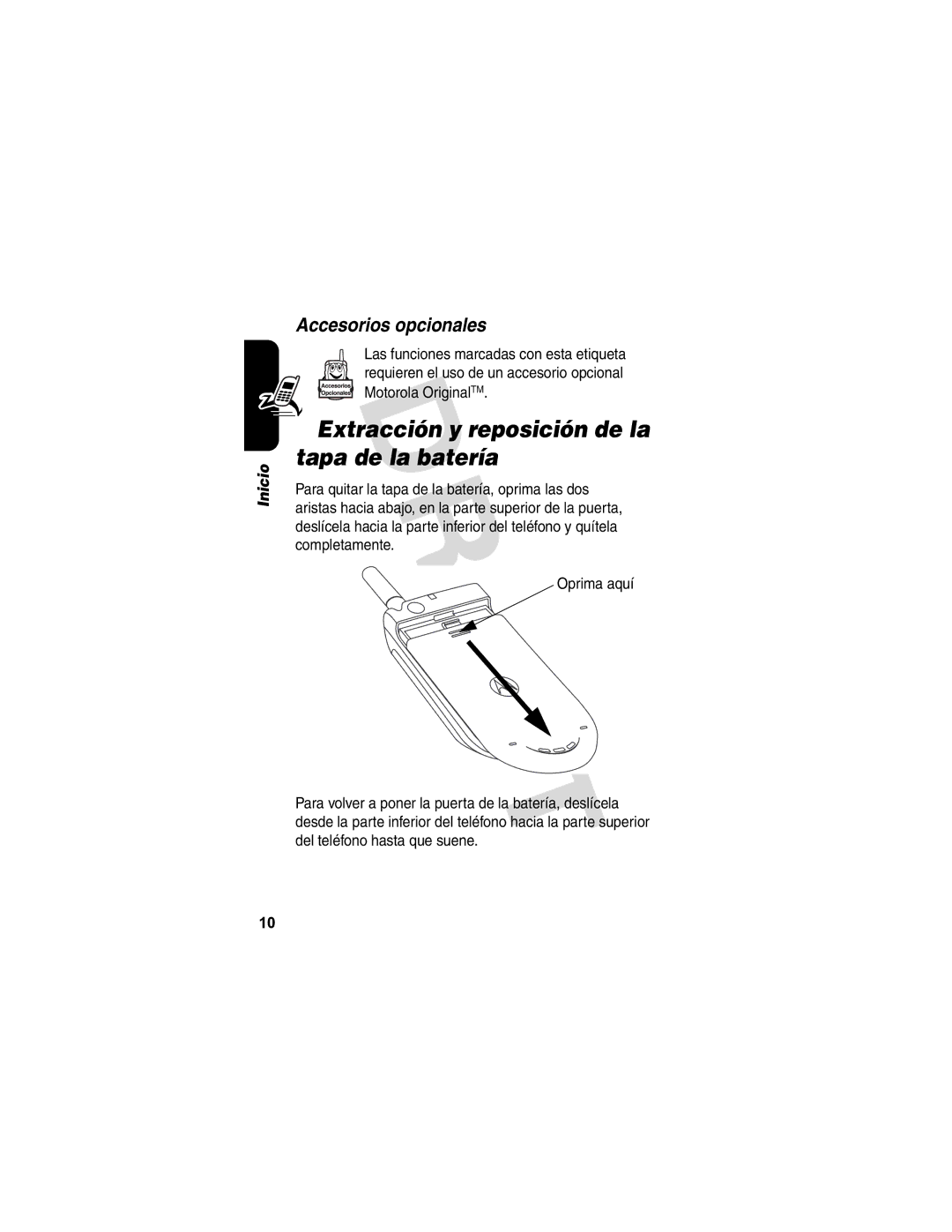 Motorola V173 manual Extracción y reposición de la tapa de la batería, Accesorios opcionales 