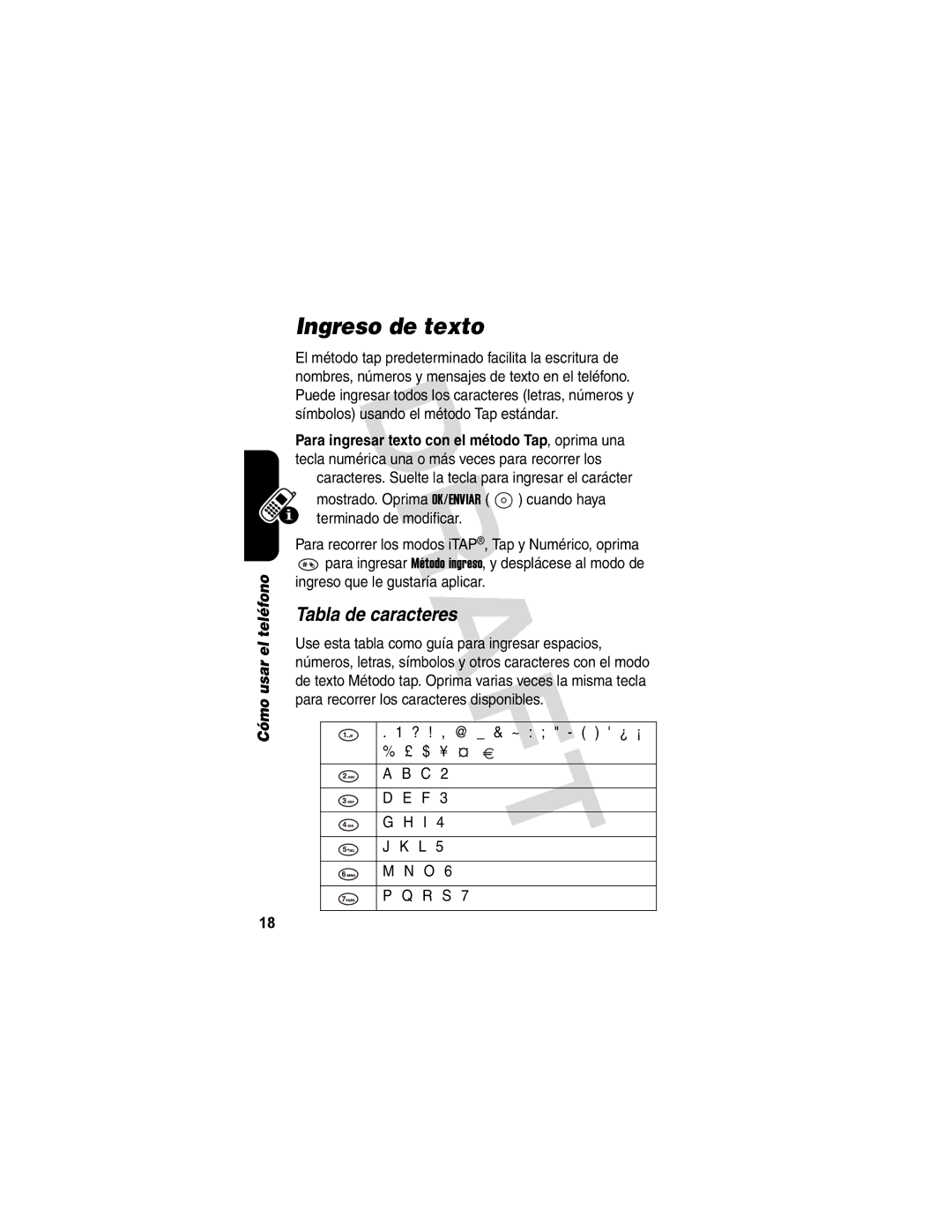 Motorola V173 manual Ingreso de texto, Tabla de caracteres, Ingreso que le gustaría aplicar 