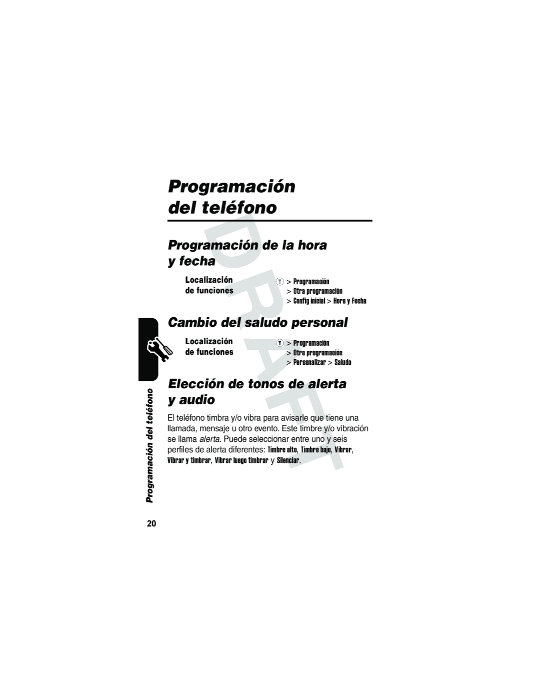 Motorola V173 manual Programación del teléfono, Programación de la hora y fecha, Cambio del saludo personal 