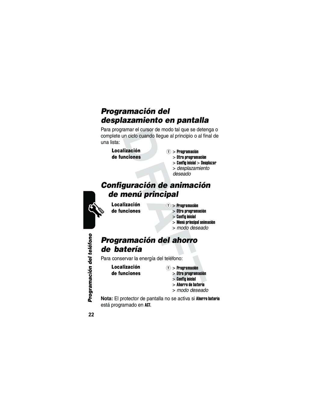 Motorola V173 manual Programación del desplazamiento en pantalla, Configuración de animación de menú principal 