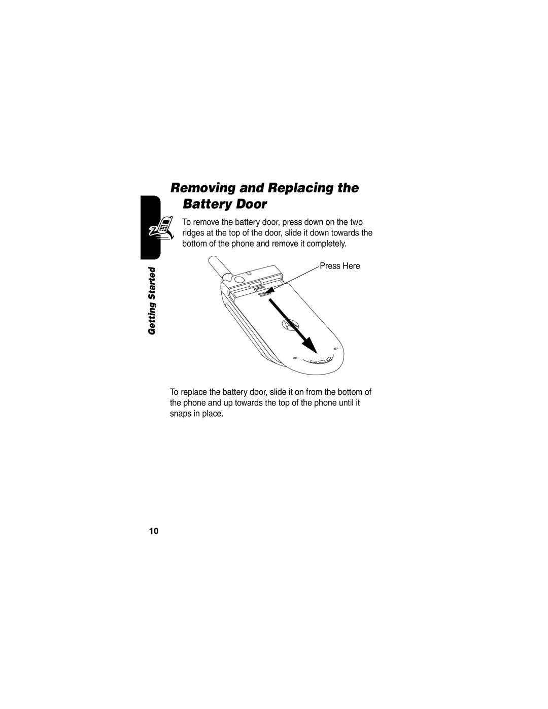 Motorola V173 manual Removing and Replacing the Battery Door 