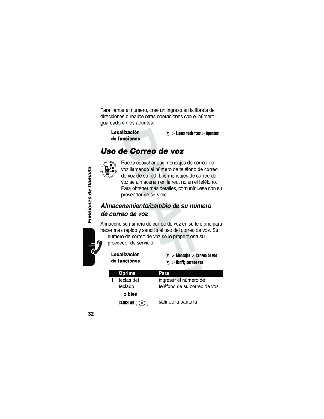 Motorola V173 manual Uso de Correo de voz, Almacenamiento/cambio de su número de correo de voz 