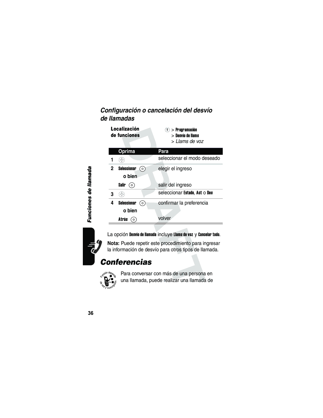 Motorola V173 manual Conferencias, Configuración o cancelación del desvío de llamadas 