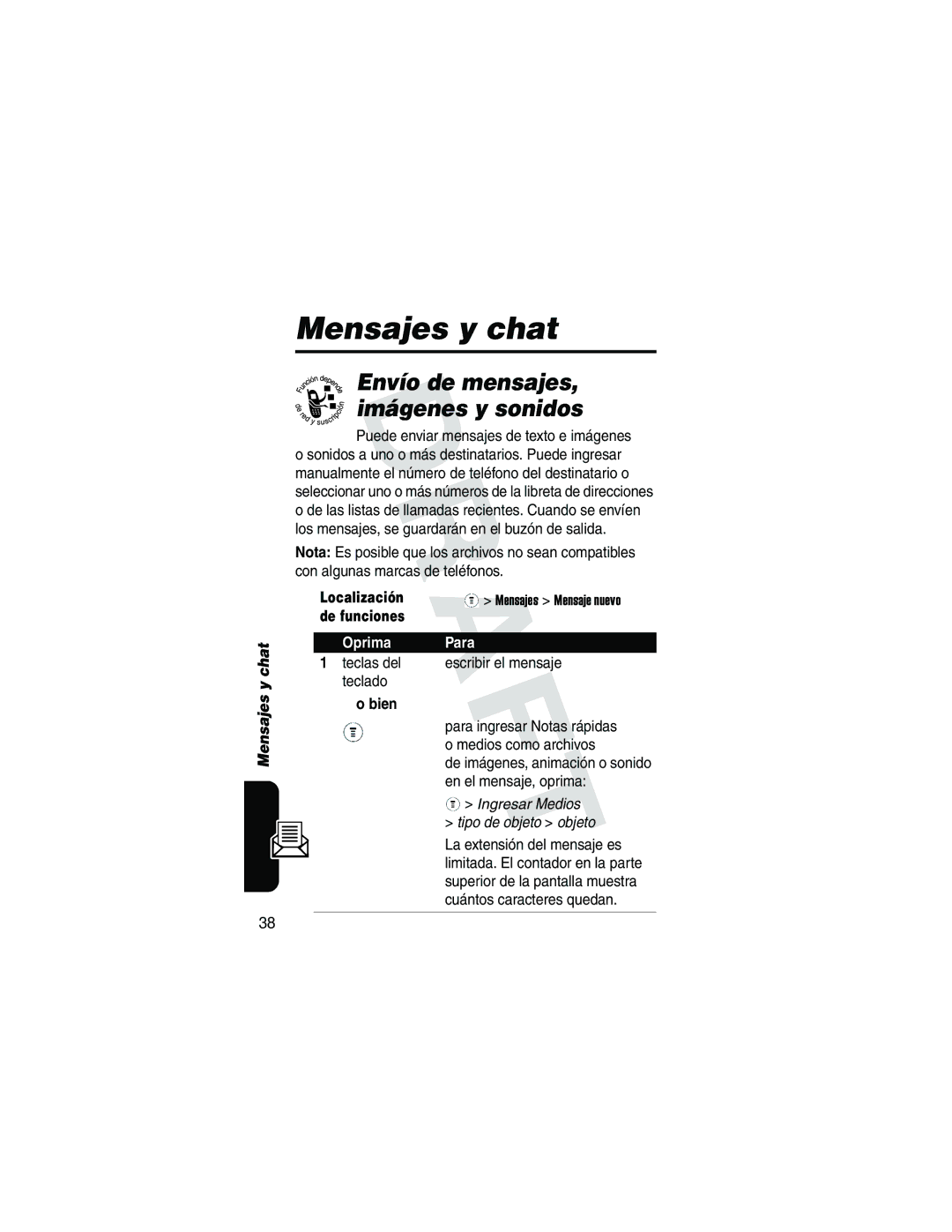 Motorola V173 manual Mensajes y chat, Envío de mensajes Imágenes y sonidos, Escribir el mensaje 