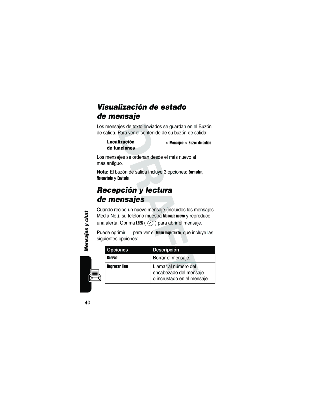 Motorola V173 manual Visualización de estado de mensaje, Recepción y lectura de mensajes, Opciones Descripción 