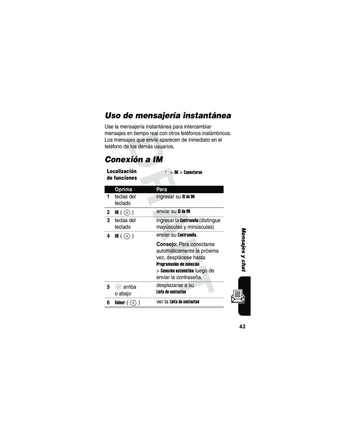 Motorola V173 manual Uso de mensajería instantánea, Conexión a IM 