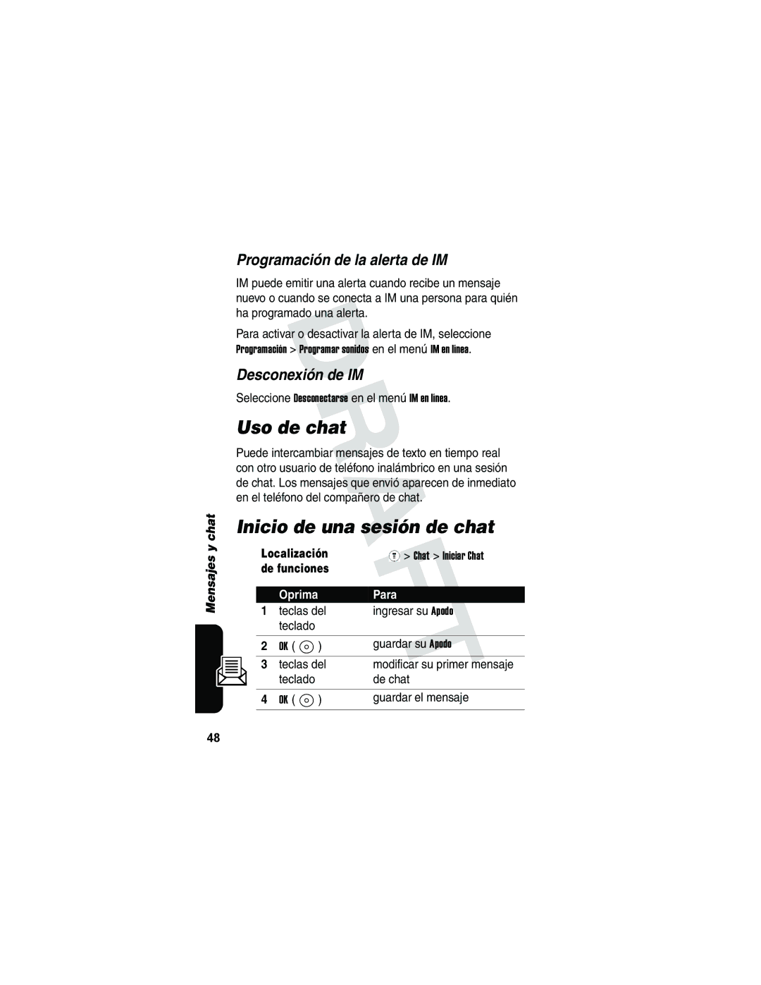 Motorola V173 manual Uso de chat, Inicio de una sesión de chat, Programación de la alerta de IM, Desconexión de IM 