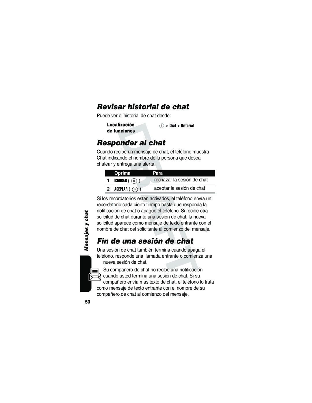 Motorola V173 manual Revisar historial de chat, Responder al chat, Fin de una sesión de chat 