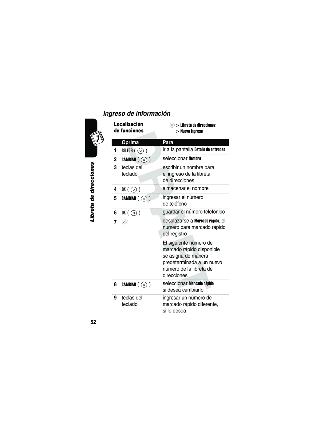 Motorola V173 manual Ingreso de información, Seleccionar Nombre, Ingresar el número, Si desea cambiarlo 