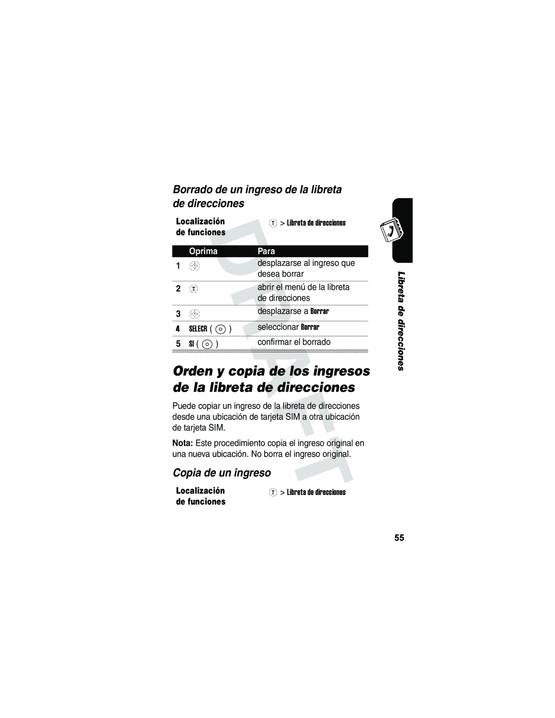 Motorola V173 manual Orden y copia de los ingresos de la libreta de direcciones, Copia de un ingreso 