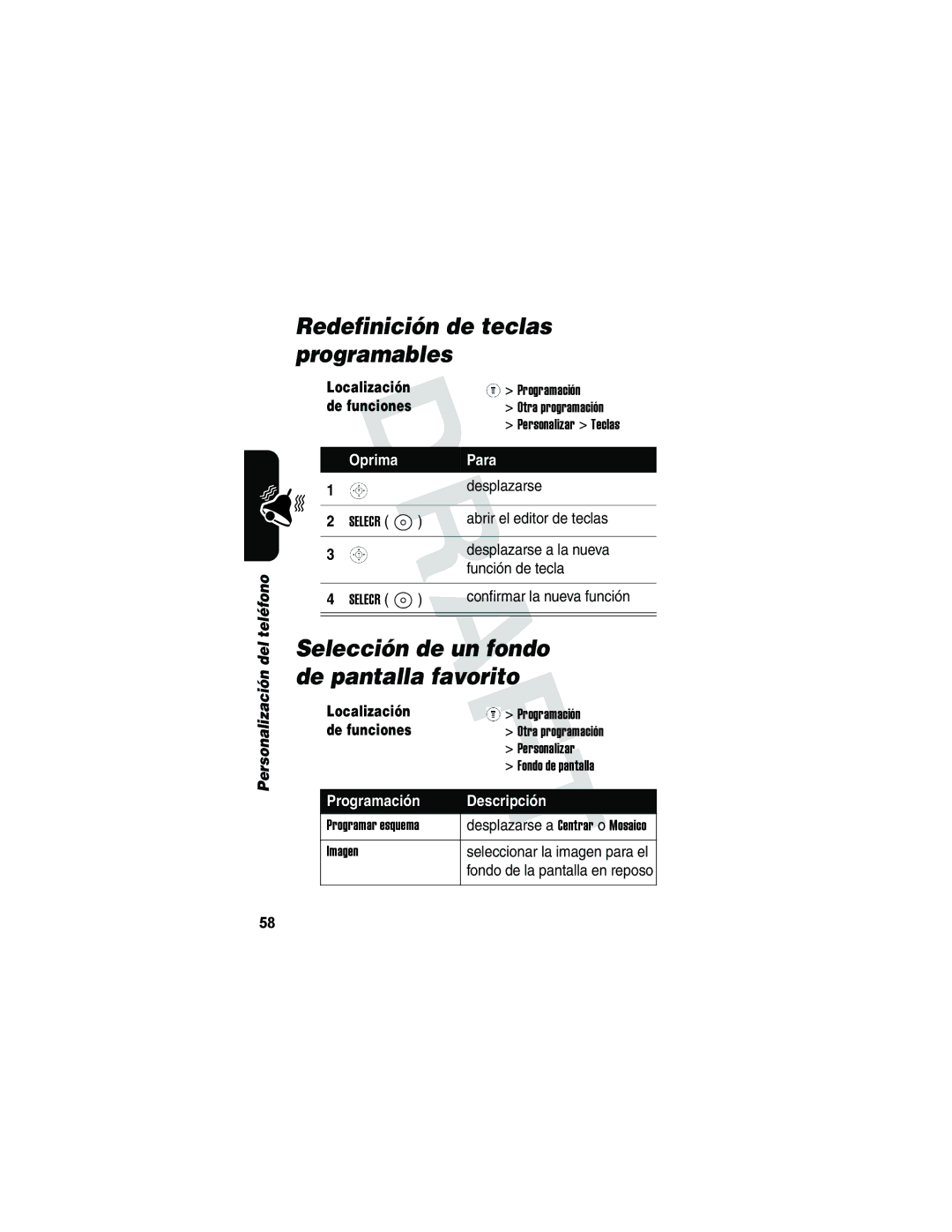 Motorola V173 Redefinición de teclas programables, Selección de un fondo de pantalla favorito, Programación Descripción 