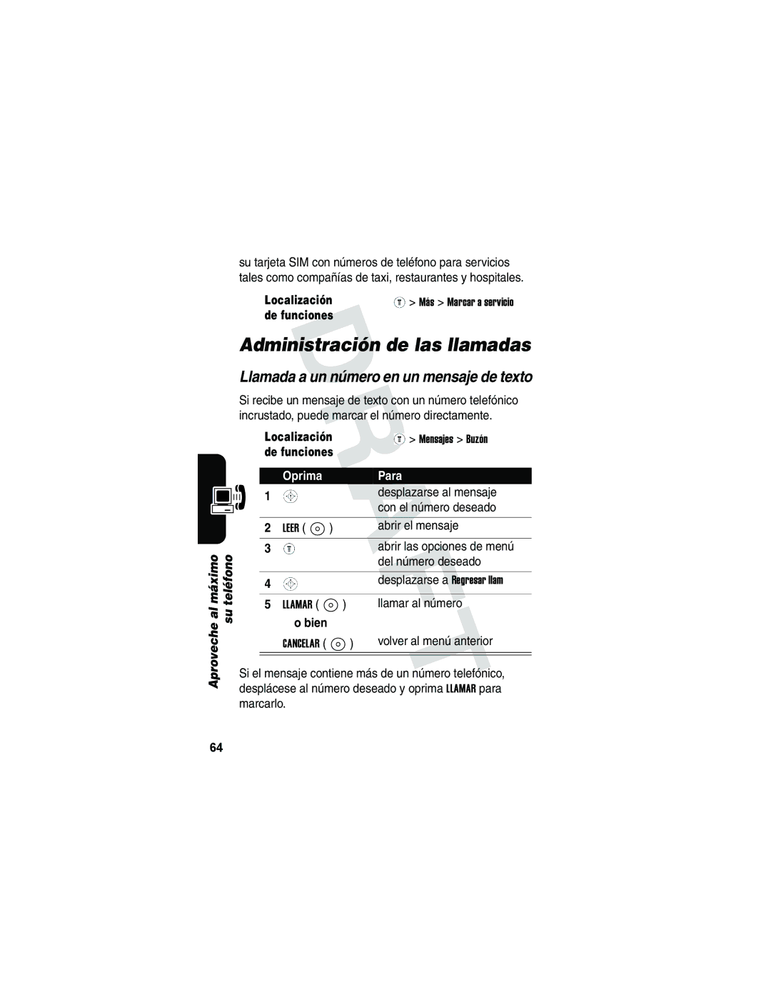 Motorola V173 manual Administración de las llamadas, Llamada a un número en un mensaje de texto 