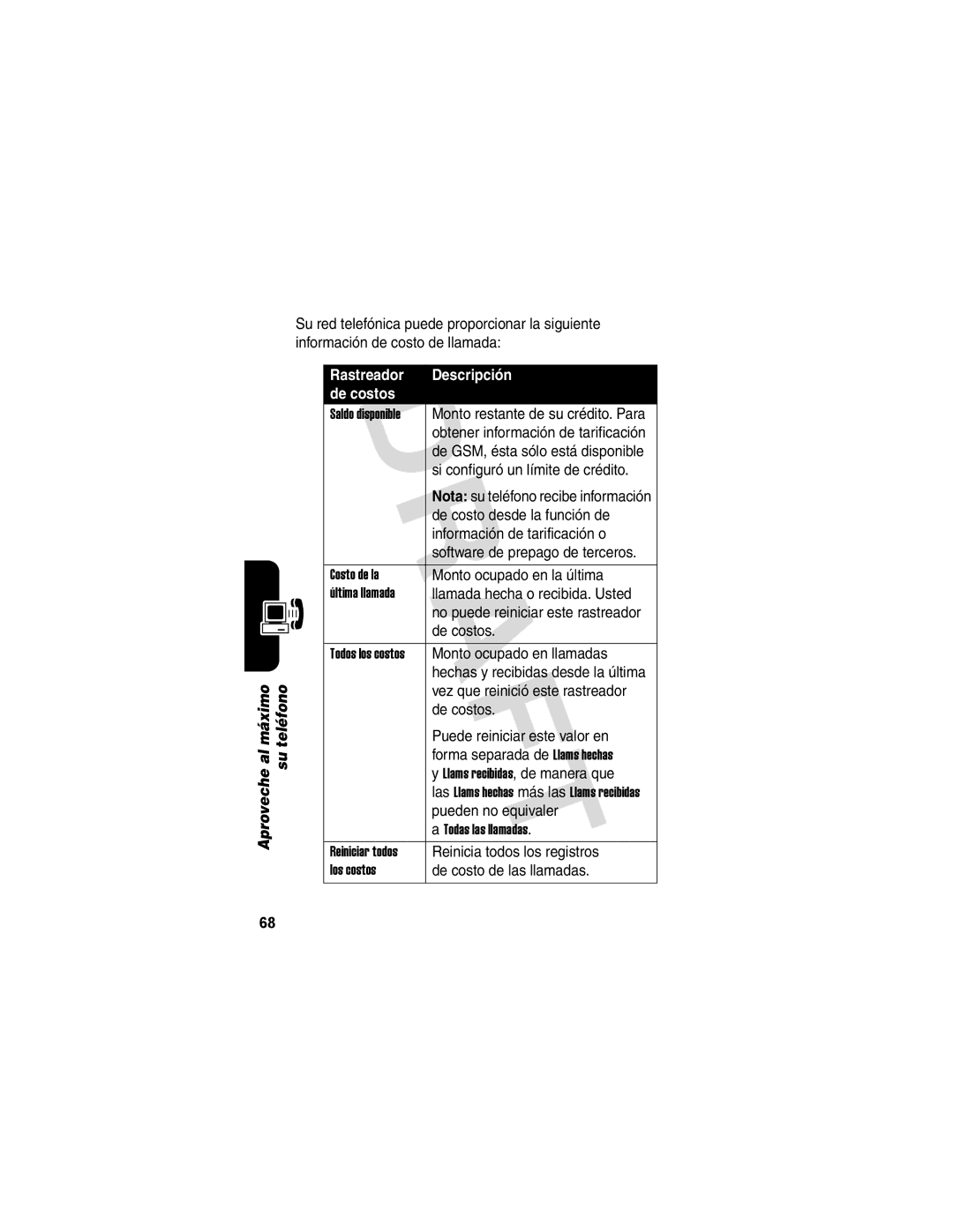 Motorola V173 manual Rastreador Descripción De costos 