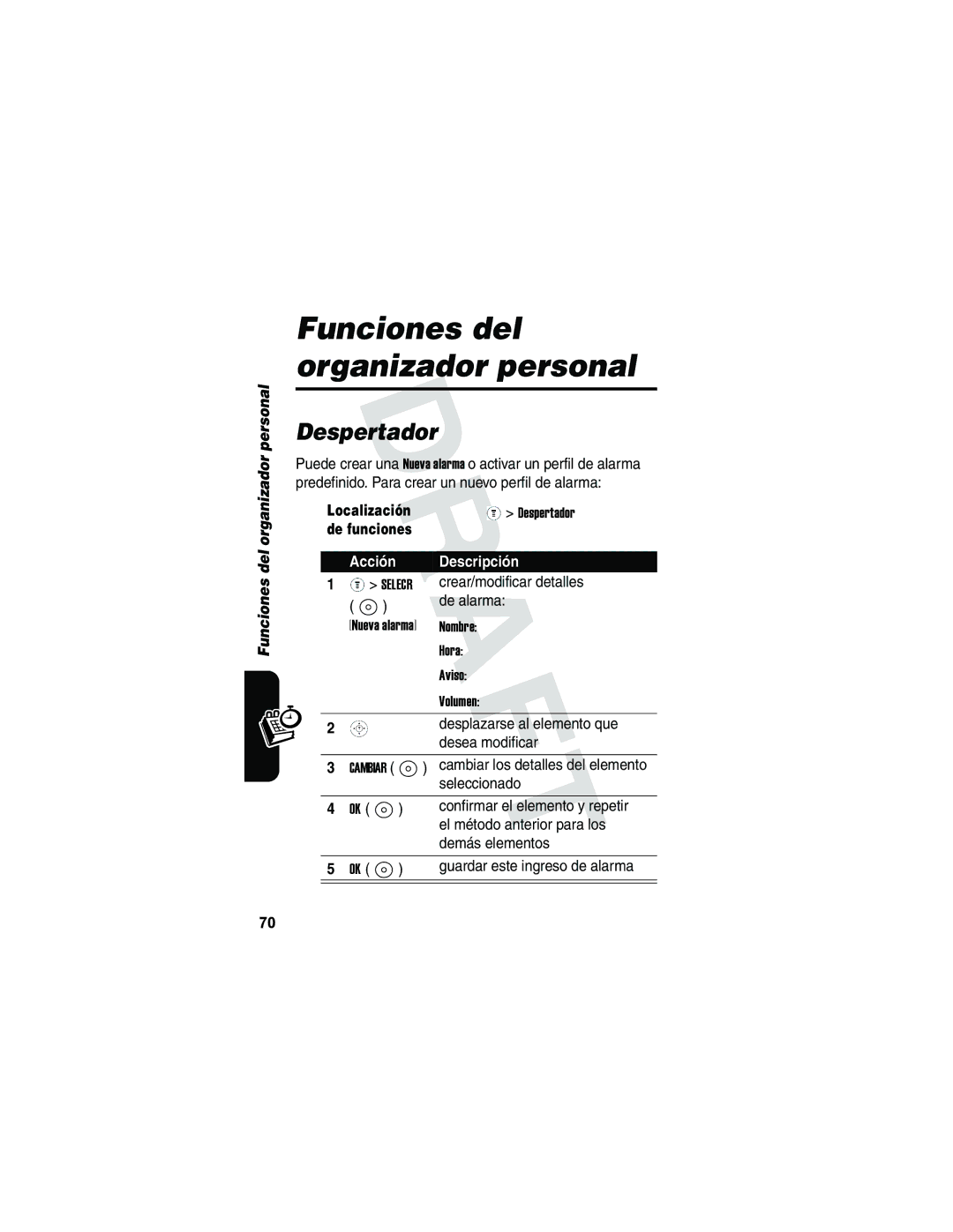 Motorola V173 manual Funciones del organizador personal, Despertador 