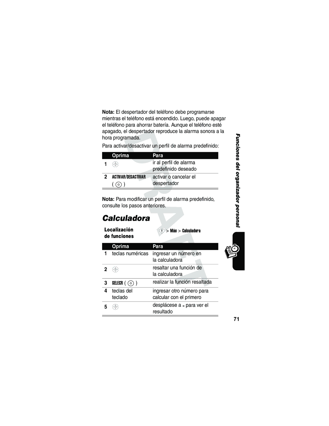 Motorola V173 manual Calculadora, Oprima Para Ir al perfil de alarma Predefinido deseado, Realizar la función resaltada 