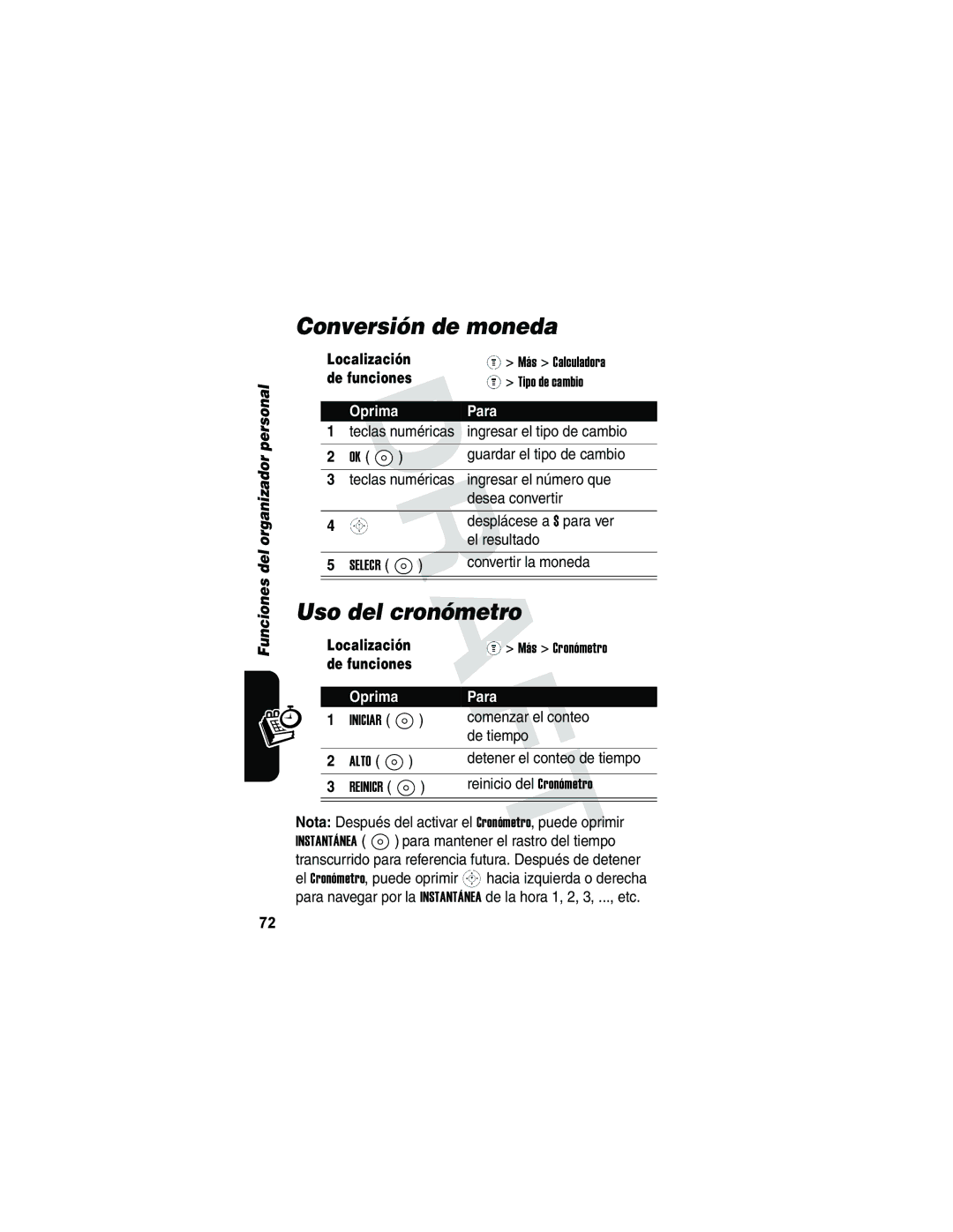 Motorola V173 manual Conversión de moneda, Uso del cronómetro 