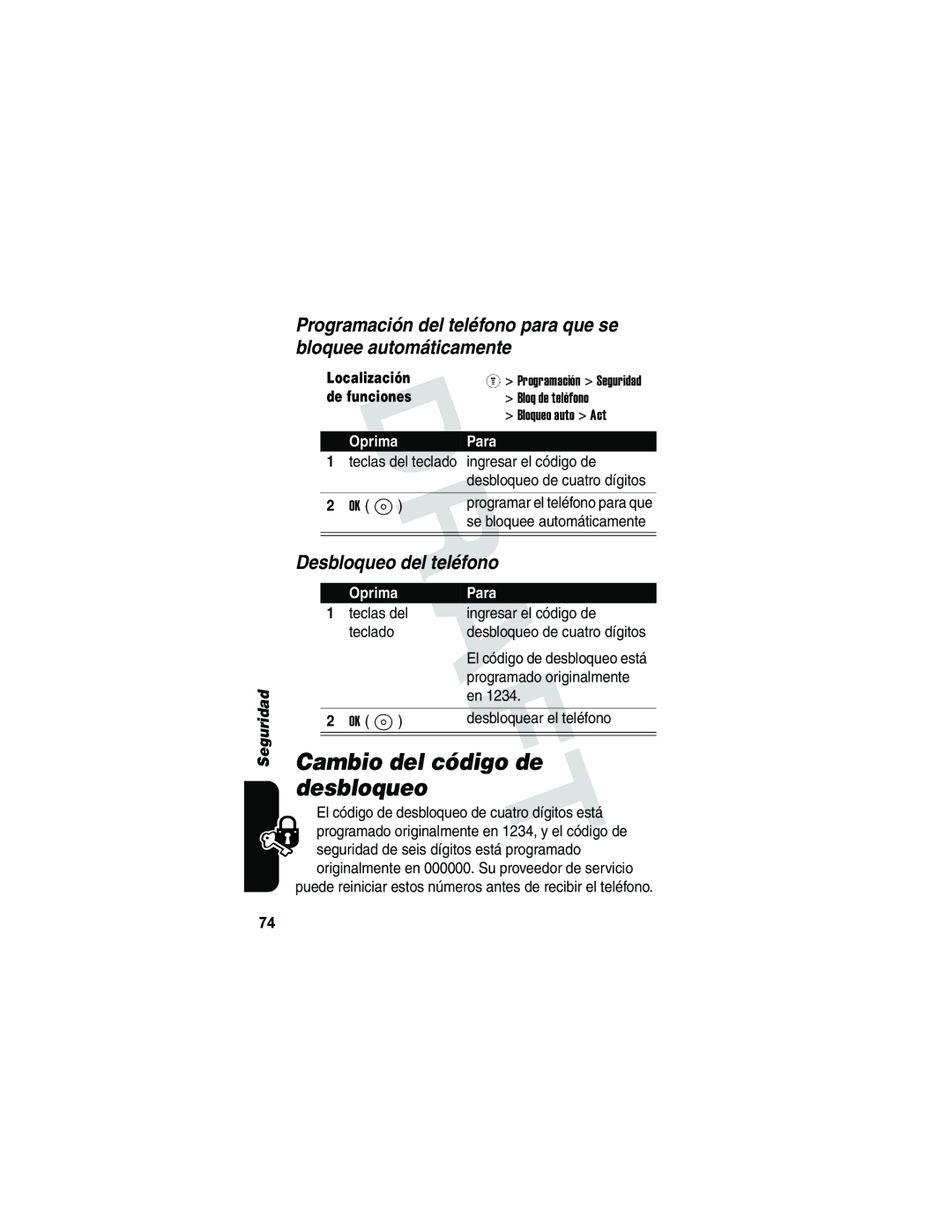 Motorola V173 manual Cambio del código de desbloqueo, Desbloqueo del teléfono 