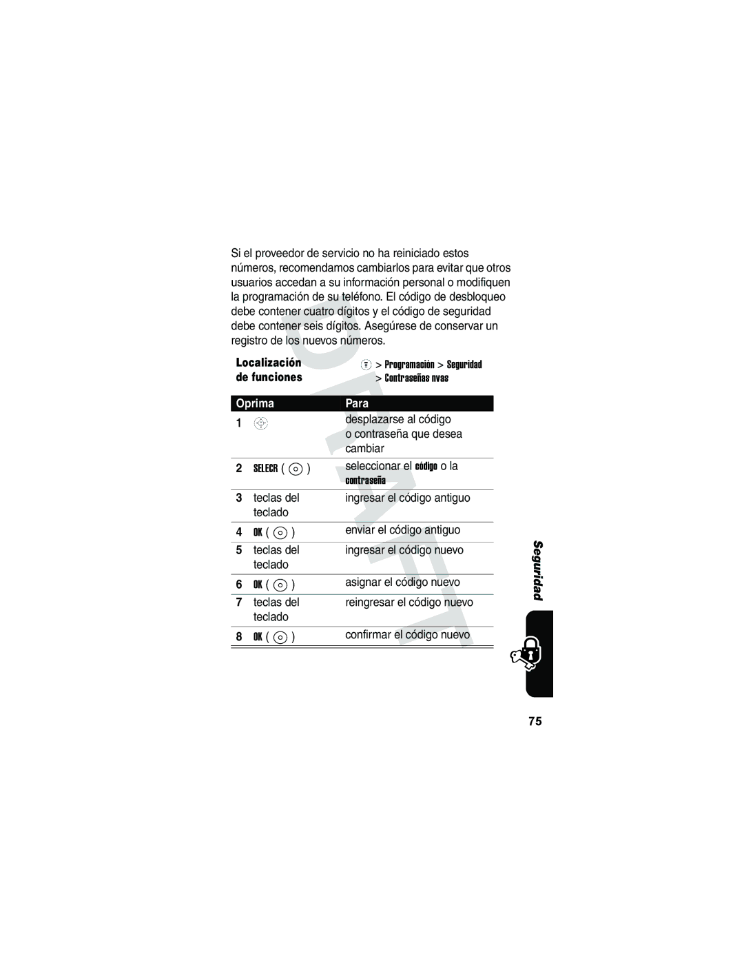 Motorola V173 manual Desplazarse al código, Contraseña que desea, Seleccionar el código o la, Enviar el código antiguo 