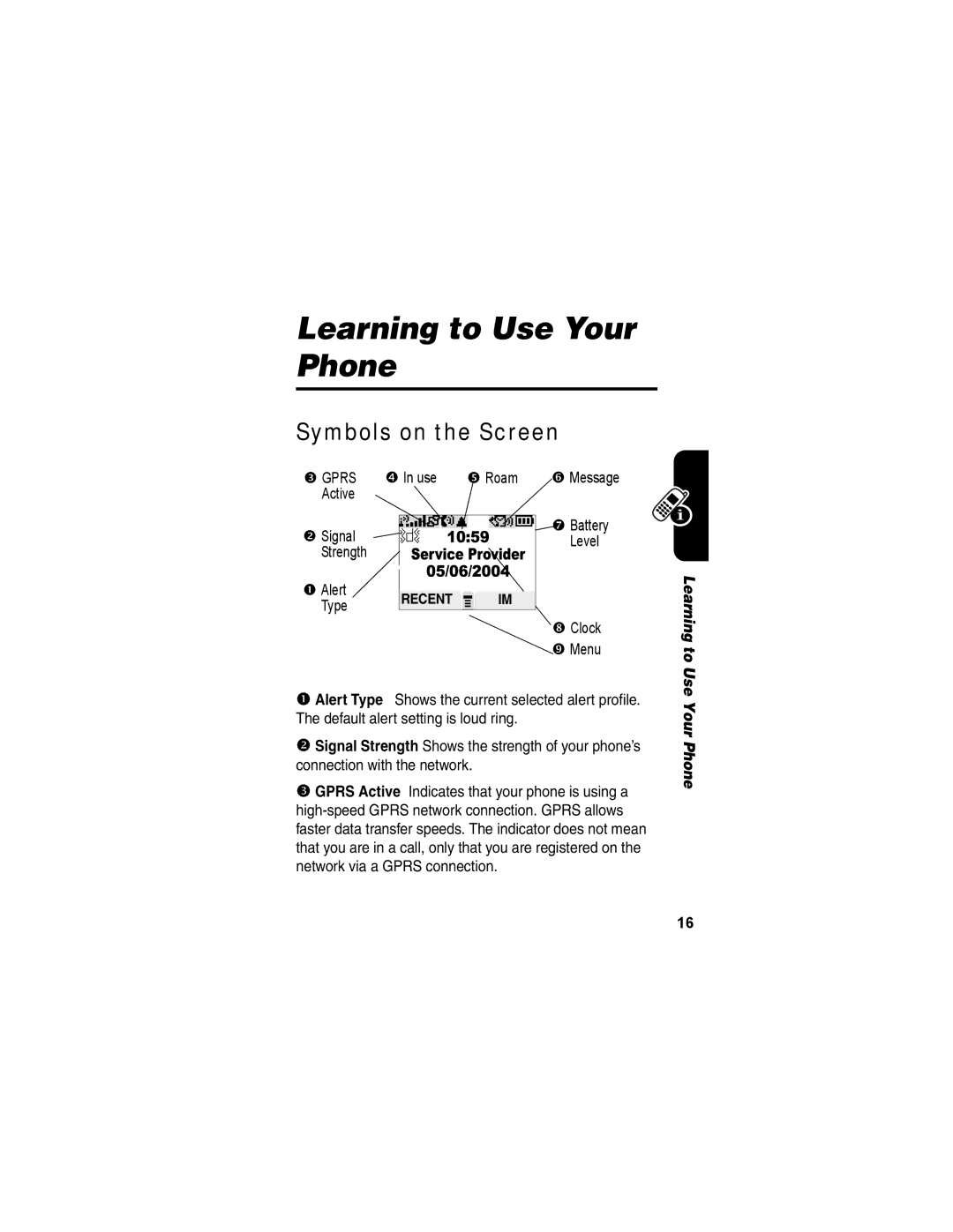 Motorola V173 manual Learning to Use Your Phone, Symbols on the Screen 