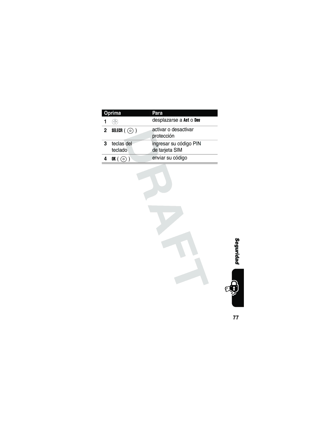 Motorola V173 Desplazarse a Act o Des, Activar o desactivar, Protección, Teclas del Ingresar su código PIN, De tarjeta SIM 