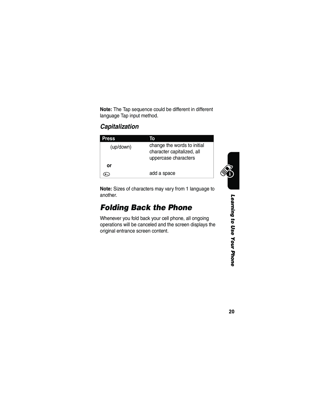 Motorola V173 manual Folding Back the Phone, Capitalization, Press 