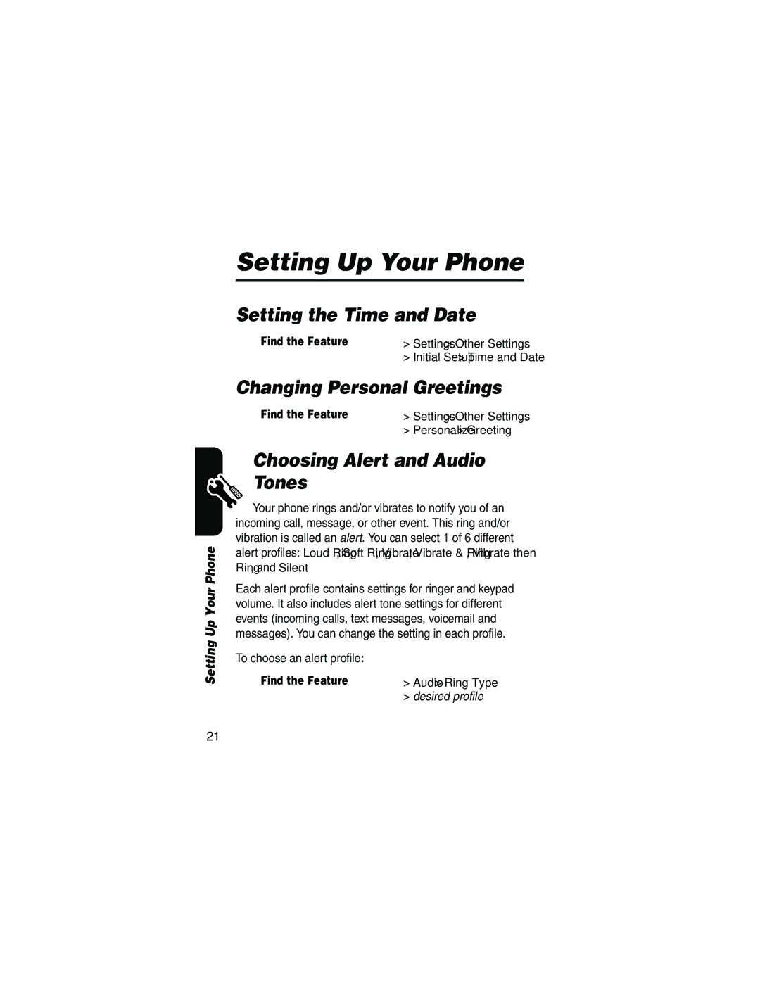 Motorola V173 Setting Up Your Phone, Setting the Time and Date, Changing Personal Greetings, To choose an alert profile 
