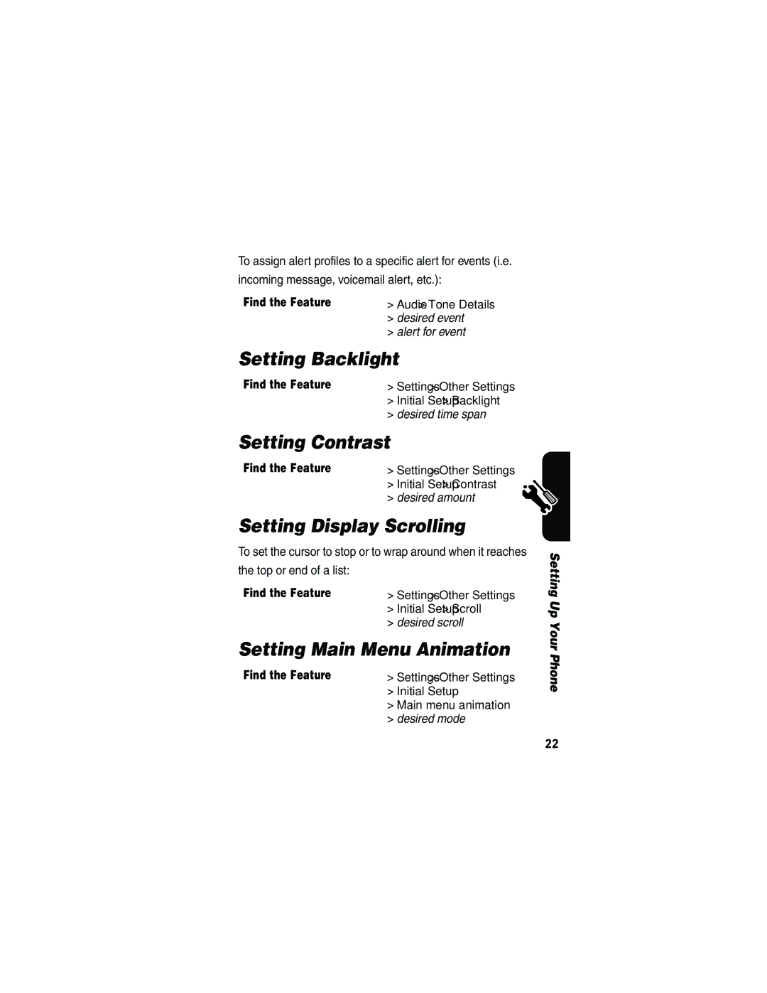 Motorola V173 manual Setting Backlight, Setting Contrast, Setting Display Scrolling, Setting Main Menu Animation 