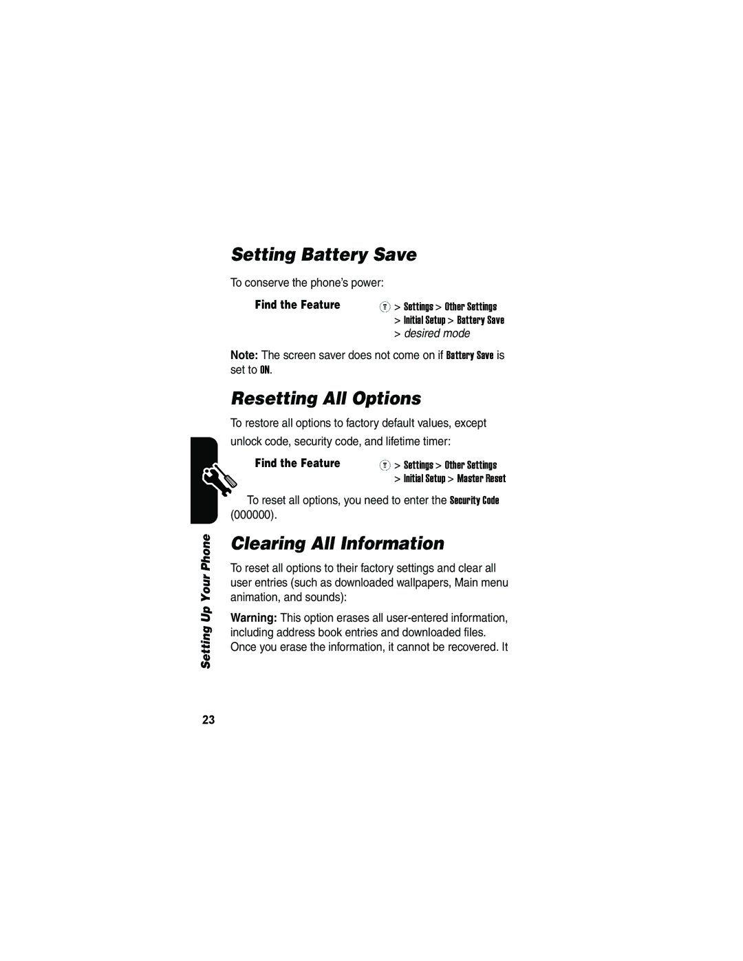 Motorola V173 manual Setting Battery Save, Resetting All Options, Clearing All Information, To conserve the phone’s power 