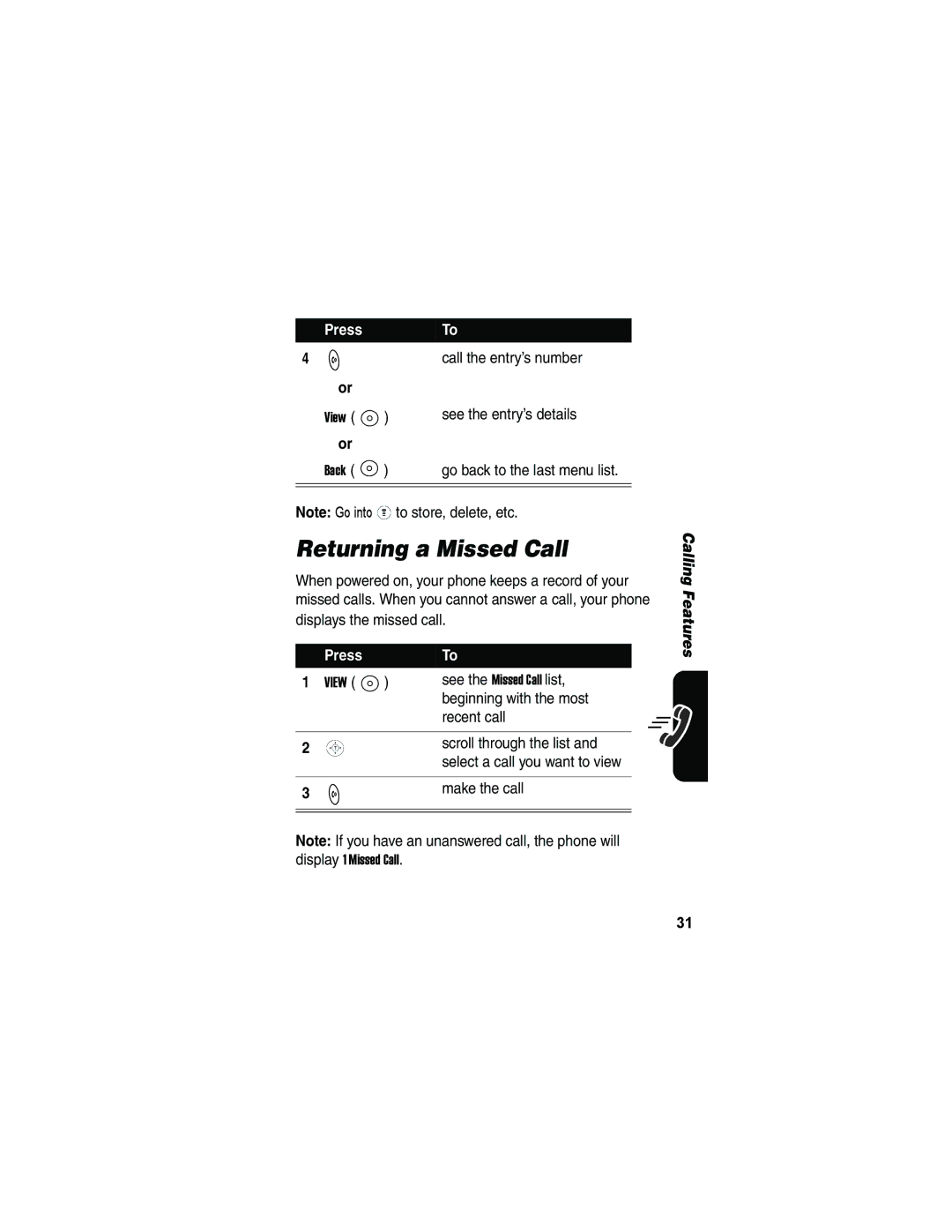 Motorola V173 manual Returning a Missed Call, Call the entry’s number, See the entry’s details 