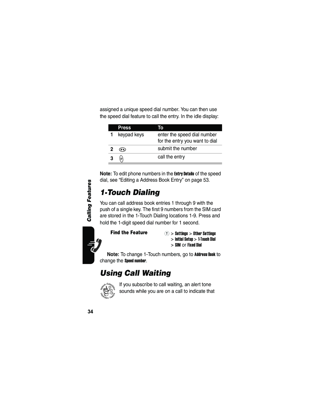 Motorola V173 manual Touch Dialing, Using Call Waiting 