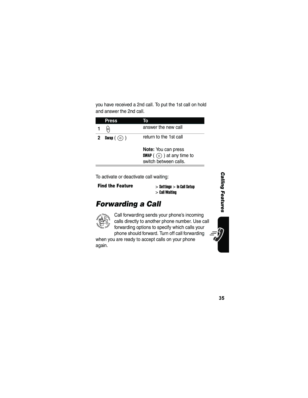 Motorola V173 manual Forwarding a Call, Answer the new call, Return to the 1st call, To activate or deactivate call waiting 