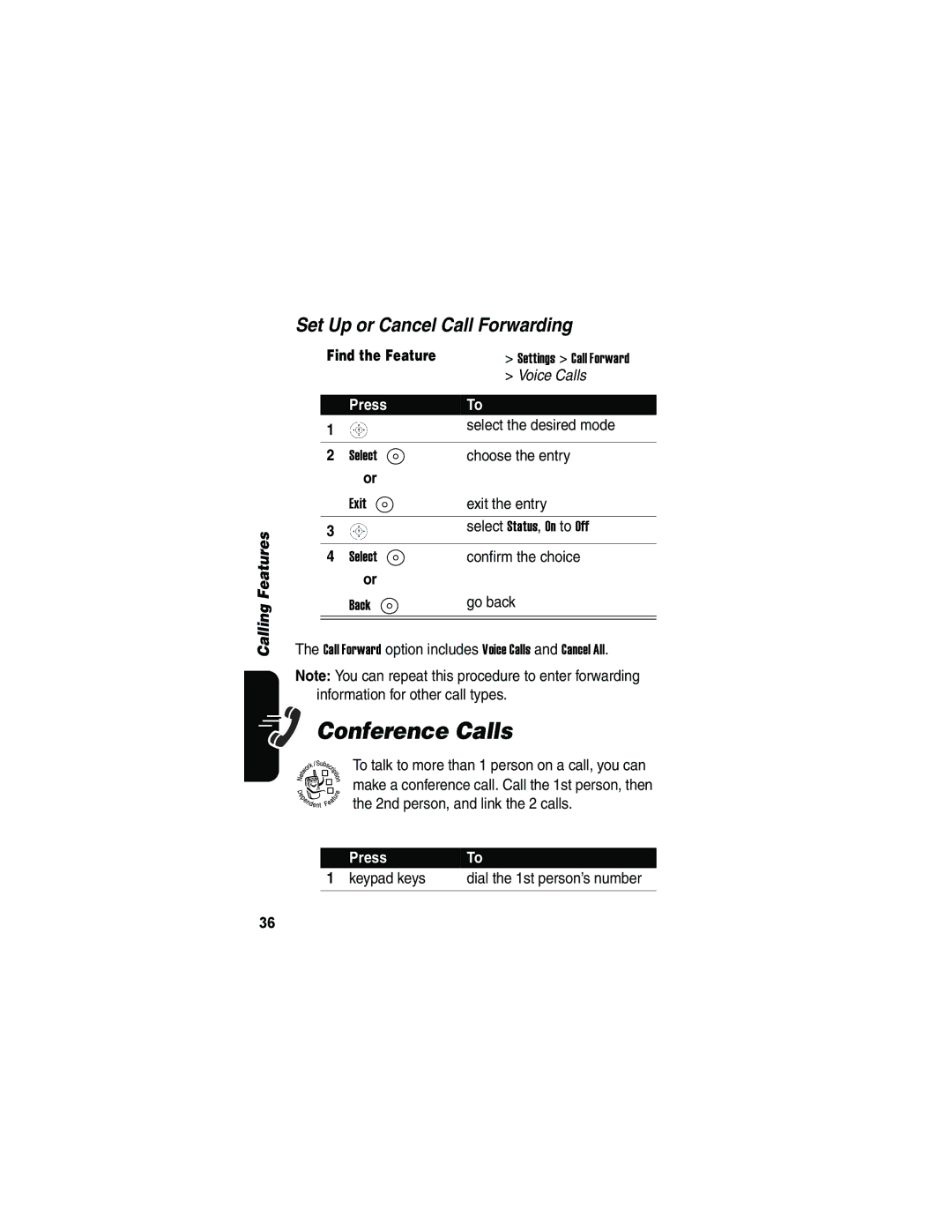 Motorola V173 manual Conference Calls, Set Up or Cancel Call Forwarding 