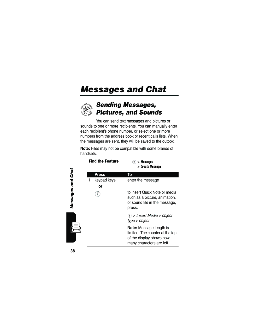 Motorola V173 manual Messages and Chat, Sending Messages, 032380o Pictures, and Sounds 