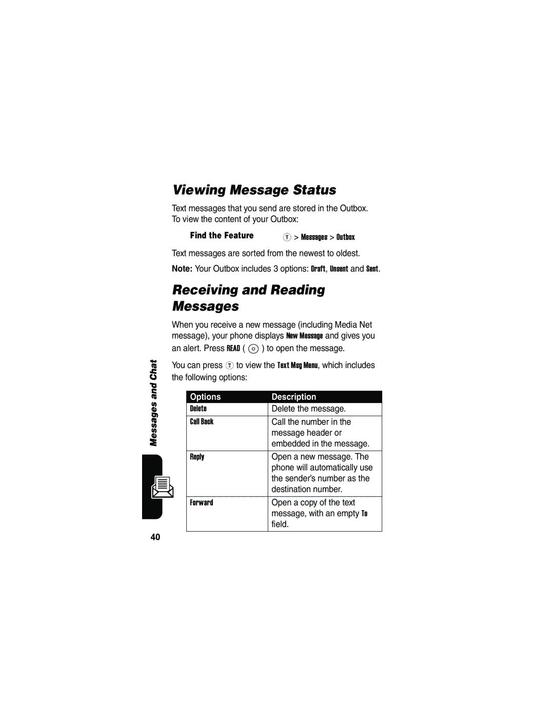 Motorola V173 manual Viewing Message Status, Receiving and Reading Messages, Options Description 