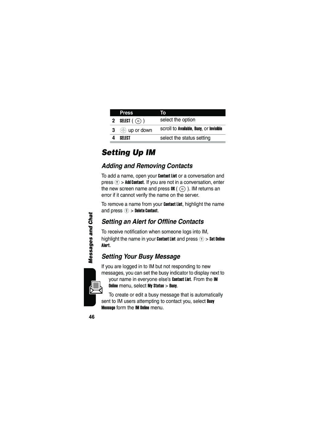 Motorola V173 manual Setting Up IM, Adding and Removing Contacts, Setting an Alert for Offline Contacts 