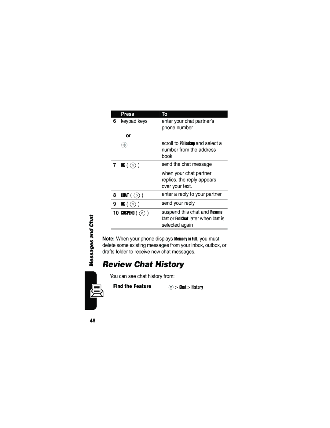 Motorola V173 manual Review Chat History, Enter a reply to your partner, Send your reply, Selected again 