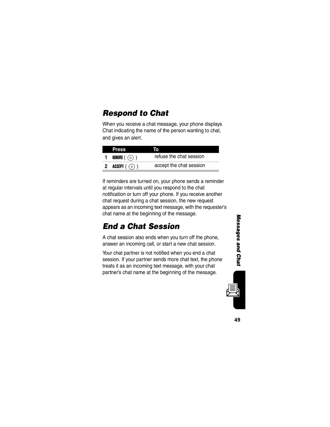 Motorola V173 manual Respond to Chat, End a Chat Session, Refuse the chat session, Accept the chat session 