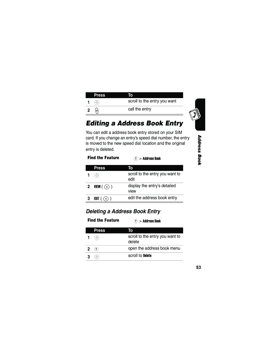 Motorola V173 manual Editing a Address Book Entry, Deleting a Address Book Entry 