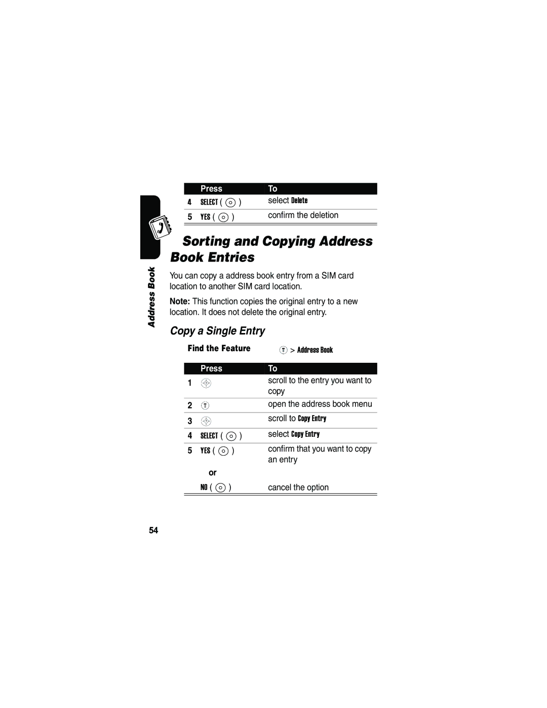 Motorola V173 manual Sorting and Copying Address Book Entries, Copy a Single Entry 