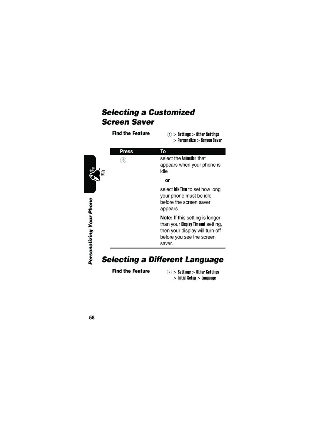 Motorola V173 manual Selecting a Customized Screen Saver, Selecting a Different Language 