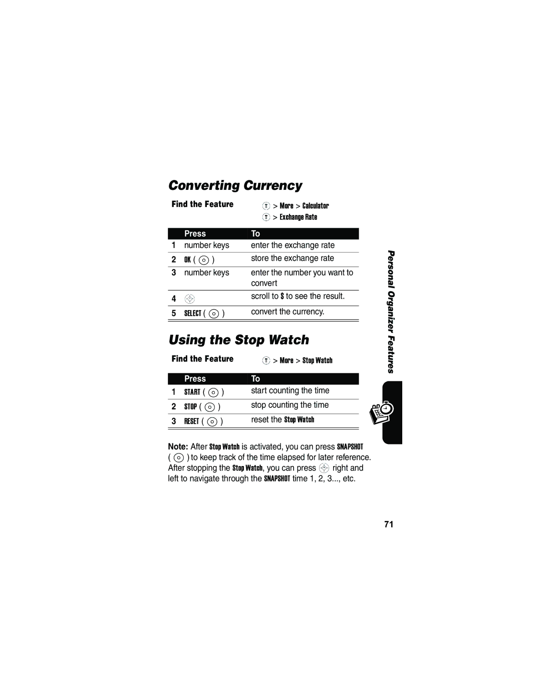 Motorola V173 manual Converting Currency, Using the Stop Watch 