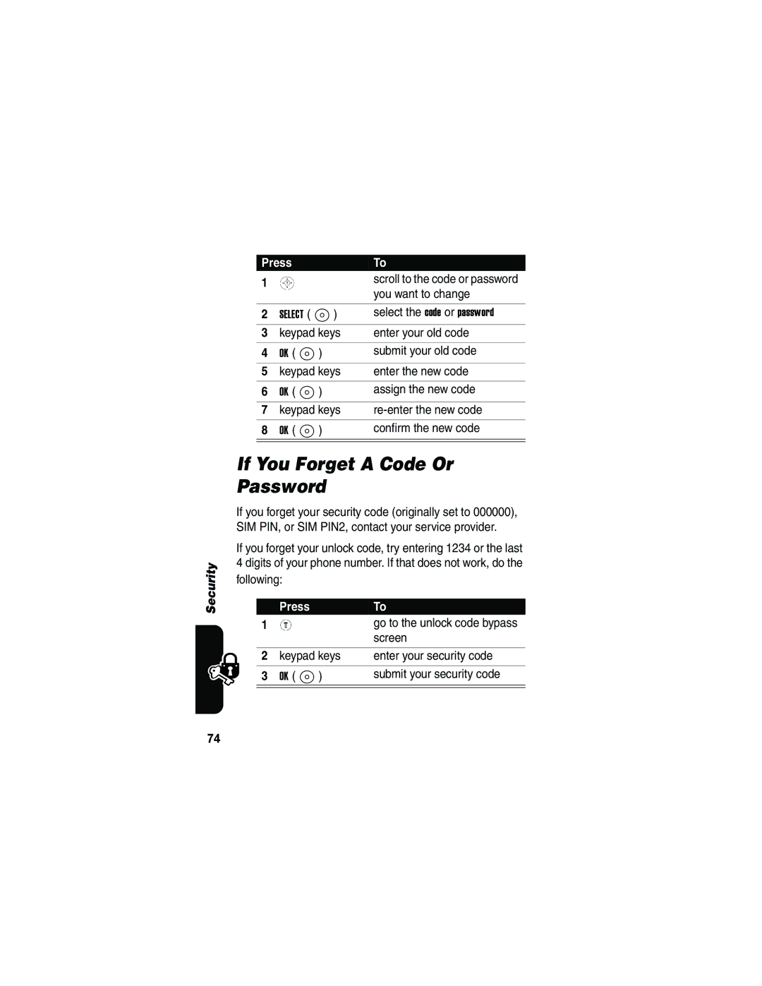 Motorola V173 manual If You Forget a Code Or Password, You want to change, Select the code or password, Screen 