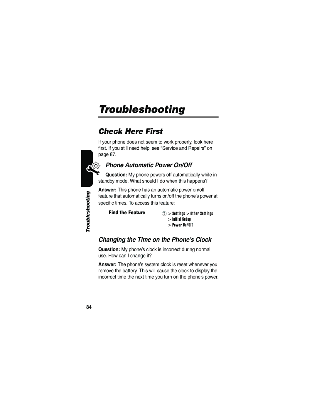 Motorola V173 Troubleshooting, Check Here First, Phone Automatic Power On/Off, Changing the Time on the Phone’s Clock 